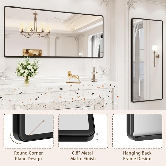 pertetey New Upgrade Bathroom Mirror, 60X28 Inch Black Metal Frame Wall Mounted Rounded Rectangle Bathroom Vanity Mirror with Tempered Glass for Washroom Bedroom Living Room