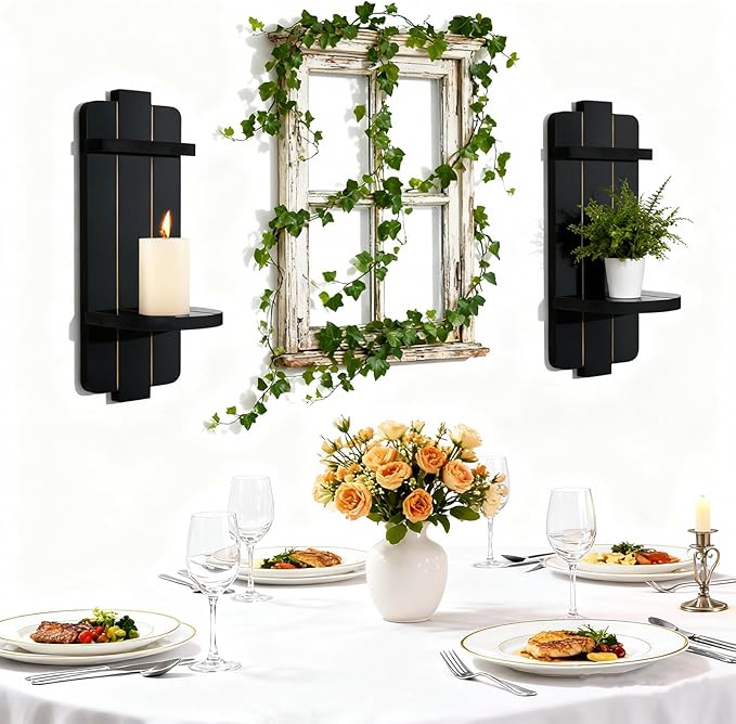 Rustic Candle Holder Set of 2 – Vintage Black Wooden Wall Sconces for Fireplace, Bedroom & Living Room – Farmhouse Wall Decor with Candle Shelf for Home, Aisle, Hallway