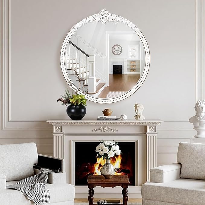 Farmhouse Round Wood Mirror - 30x30 Inches Antique White Baroque Wall Mirror, Ornate Beaded Decorative Mirror for Mantel, Living Room