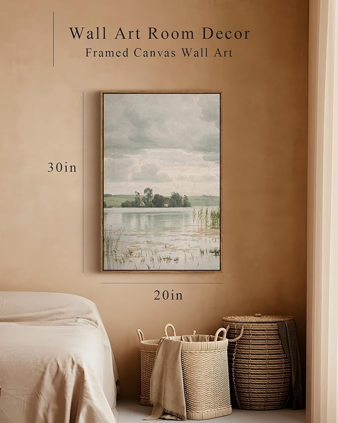 InSimSea Framed Canvas Prints Art Vintage Decor, Countryside Lakeside Landscape Paintings, Large Prints, Vintage Retro Hanging Wall Decorations for Bathroom Bedroom Living Room, 20"x30"