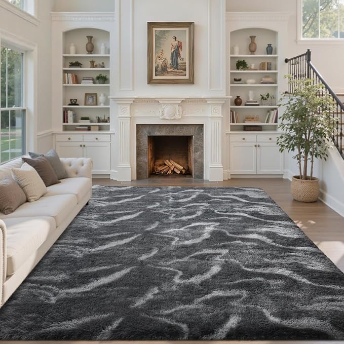 Area Rugs for Living Room 8x10 Feet, Soft Fluffy Shagg Plush Bedroom Rug Non-Slip,Large Carpet for Nursery Kids Dorm Home Decor Wavy Grey
