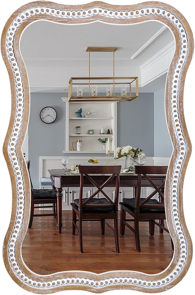 35x24 Inch Wooden Mirror for Wall, Farmhouse Rustic Wavy Frame Mirror Decorative for Bathroom Over Sink, Entryway, Living Room, Bedroom (Vertical/Horizontal)