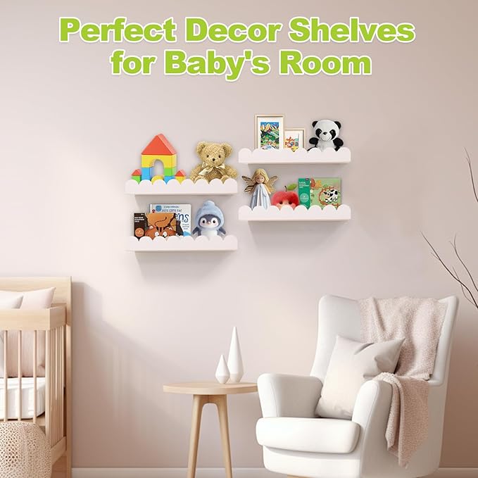 Floating Nursery Book Shelves for Wall Set of 4, 16'' Wood Book Shelf for Baby Boys Girls Bedroom Bathroom and Décor Storage, Wall Shelf for Books, Plants, Toys, Photo Frames, Picture Ledge-White