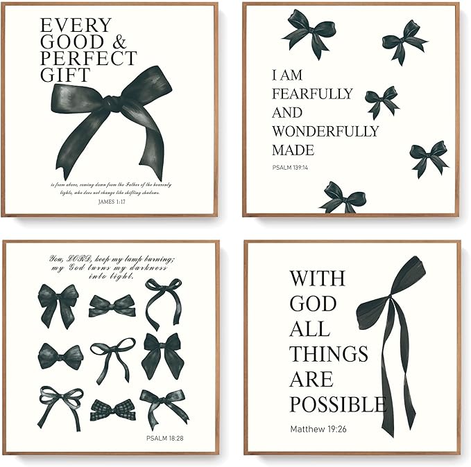 LARTSFRO Coquette Black Bow Bible Wall Art Decor Posters, Black Bow Room Bedroom Bathroom Dorm Wall Art Decor Aesthetic for Teen Girls Gifts, Inspirational Bible Verses Bow Wall Decor, 10x10 Inch Set of 4 Pcs Bow Pictures (UNFRAMED)