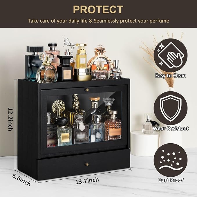 Emfogo Cologne Organizer for Men, Solid Wood Perfumes Organizer for Men Dresser, Large Capacity Dustproof Cologne Holder with Drawer Storage Perfume Stand Organizer, Ideal Gift for Loved ones