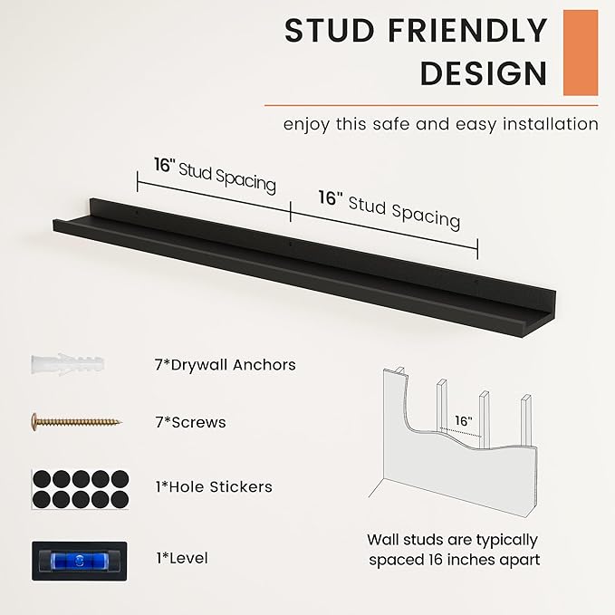 FLYJOE Picture Ledge Shelf, Floating Shelves Set of 2, 44 Inches Nursery Book Shelves for Toys Storage, Kids Bookshelf Wall Mounted for Living Room Bedroom Decor Books Photo Frames, Black