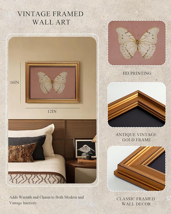 InSimSea Gold Framed Canvas Prints Wall Art, Vintage Bathroom Decor, Classical Moody White Butterfly Paintings Farmhouse Wall Decor Aesthetic, Retro Pictures for Bedroom Living Room Shelf, 12x16inch