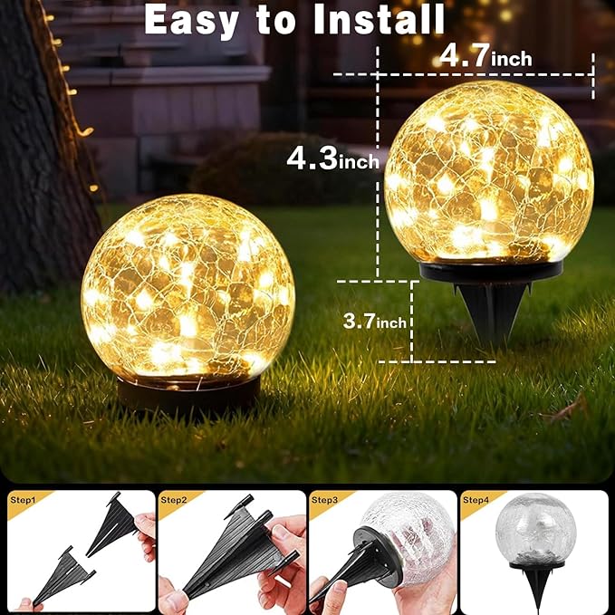 SyouHome Solar Garden Lights Outdoor Waterproof, 4 Pack Cracked Glass Ball Light, Ground Landscape Garden Decor, Solar Globe Decorative for Pathway/Patio/Lawn/Yard (Warm White, 4.7")