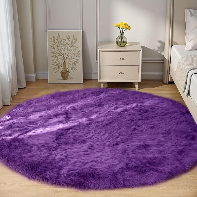 Goolela Purple Sheepskin Round Rug 6ft Fluffy Circle Fuzzy Faux Fur Carpet for Bedroom Living Room Plush Luxury Shaggy Washable