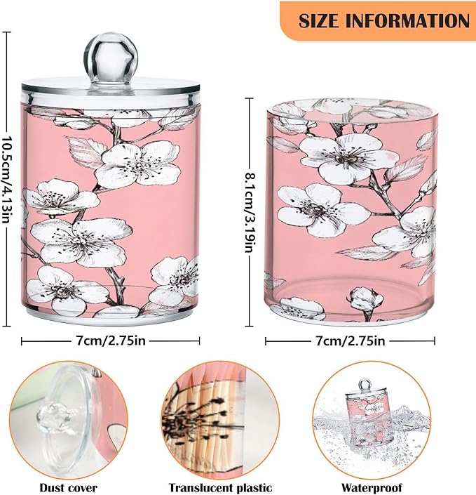 Nander 2Pack Beautiful Cherry Blossoms Qtip Holder Dispenser -Clear Plastic Apothecary Jars Set - Restroom Bathroom Makeup Organizers Containers for Cotton Swab, Ball, Pads, Floss