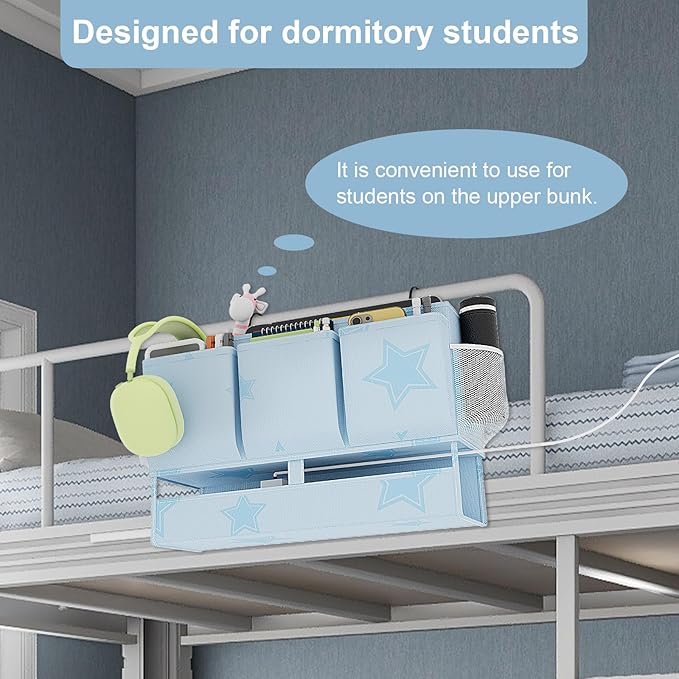 homyfort Bedside Caddy Organizer, Dual-Purpose Bedside Storage with Power Strip Holder, Versatile Bed Caddy with 11 Pockets for Bunk Bed, College Dorm, Home, Hospital, Fits Phones, Books, Blue