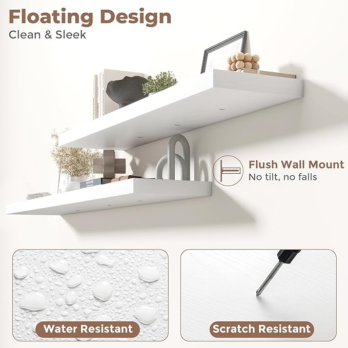72 Inch Floating Shelves for Wall with Invisible Brackets Set of 2, 12"D Engineered Wood Wall Shelves with Wood Grain for Living Room, Bedroom, Bathroom, Kitchen Decor and Storage, White Finish