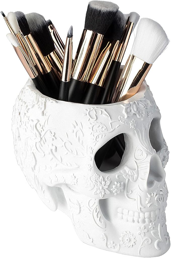 Skull Makeup Brush, Candy Bowl & Pen Holder, Bowl, Spooky Goth Decorations, Extra Large, Strong Resin, Skeleton Skulls and Bones Organizer Bathroom Trick Or Treat Decor by Gute (White)