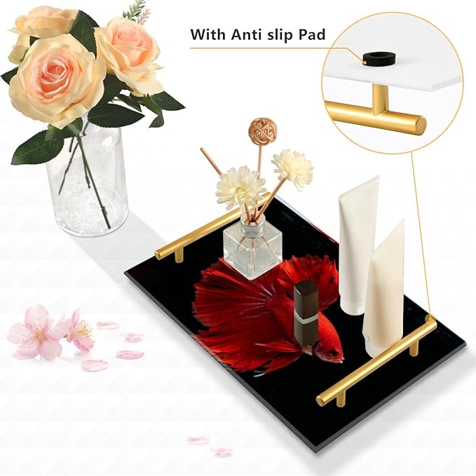 Red Betta Fish Decorative Acrylic Bar Tray with Handles Tray with Gold Handles for Jewelry Perfume for Restaurant Serving bandejas para desayuno personalizado