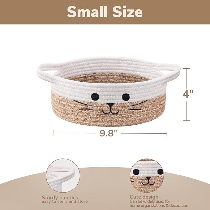 Cute Cat Toy Basket, Gift Baskets Empty for Home Decor, Soft Woven Basket for Living Room, Decorative Storage Baskets for Diaper Caddy, White & Brown, 9.8 x 4 inches