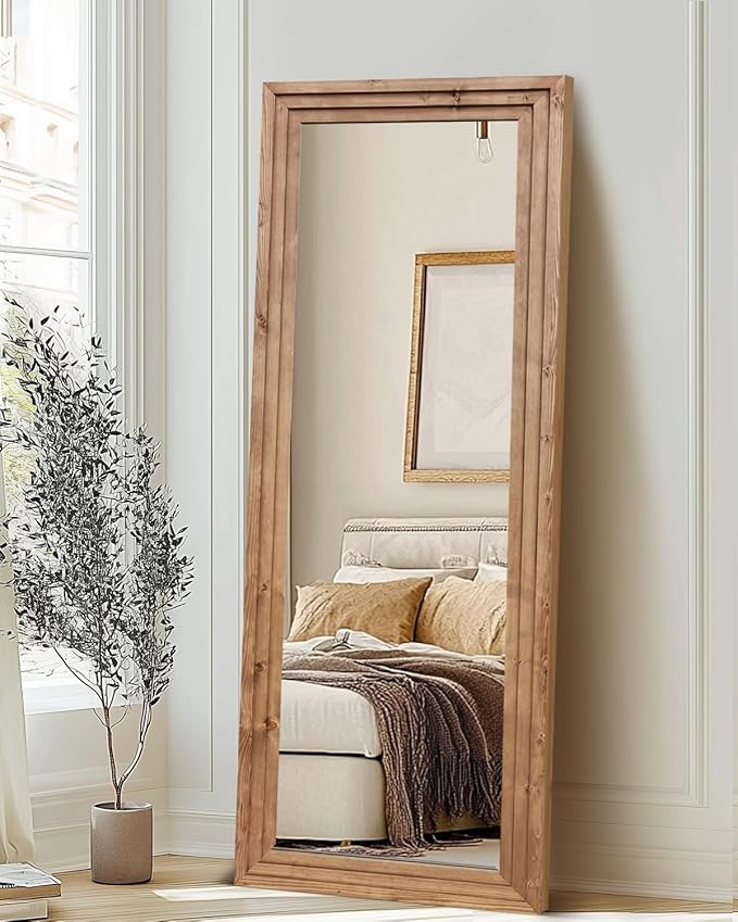 Full Length Mirror 65"x24" Solid Wood Frame Floor Large Mirror for Living Room, Bedroom Hanging or Leaning Wall-Mounted, Light Brown