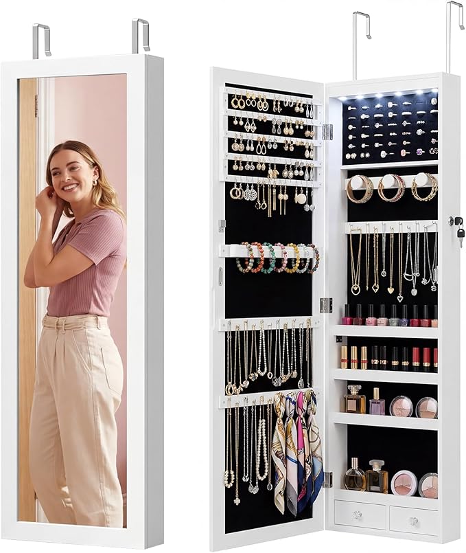 Antok 6 LEDs Jewelry Cabinet with Lock, 48" Full Length Mirror Wall Mounted or Over The Door Jewelry Organizer, Large Capacity Storage for Bedroom&Cloakroom&Entryway, Gift for Women, White