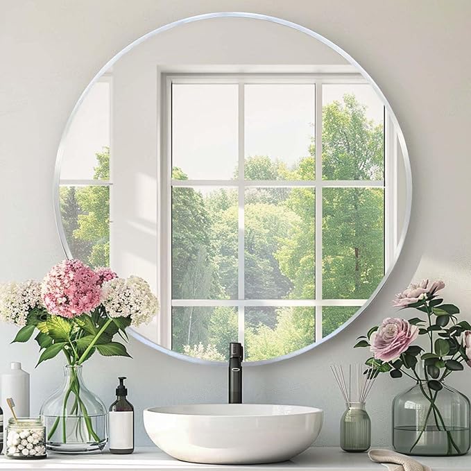 Silver Round Mirror, 24 Inch Silver Circle Mirror, Metal Frame Round Wall Mounted Mirrors for Bathroom, Living Room, Bedroom, Entryway, Vanity, Chrome, Nickel