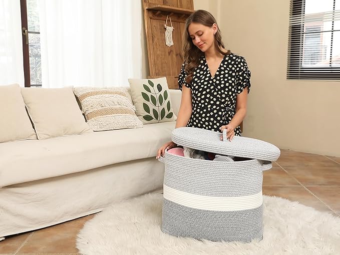 22"x14"x18" Rectangular Extra Large Storage Basket With Lid, Large Cotton Rope Storage Basket, Woven Laundry Hamper, Cloth Storage Bin, for Clothes Towels Blankets in Living Room, Dual Grey