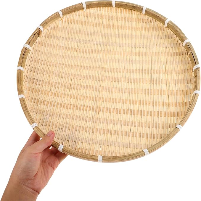 Alipis Bamboo Round Tray 16.53 Inch Woven Food Container Basket Shallow No Hole Tray for Kitchen Storage Serving and Decorative Use