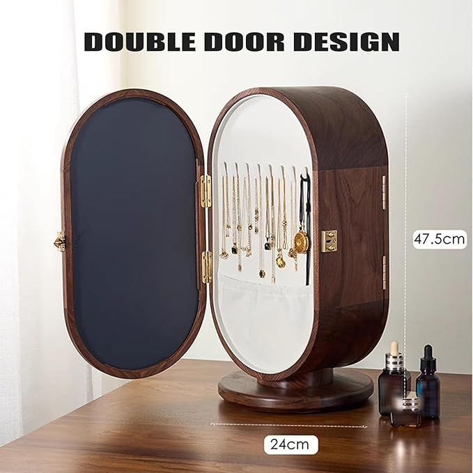 Wooden Jewelry Cabinet, 360° Rotating Jewelry Box, Versatile Tabletop Jewelry Organizer with Makeup Mirror And Multiple Storage Compartments, for Bedroom & Dressing Room