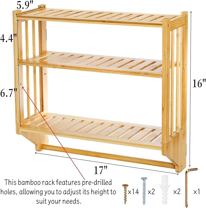 Goaste Bamboo Over The Toilet Storage Shelf, 3-Tier Wall Mounted Bamboo Rack Organizer, Floating Rack with Hanging Rod, Free Standing Shower Shelf with Adjustable Layer for Kitchen, Bathroom, Home