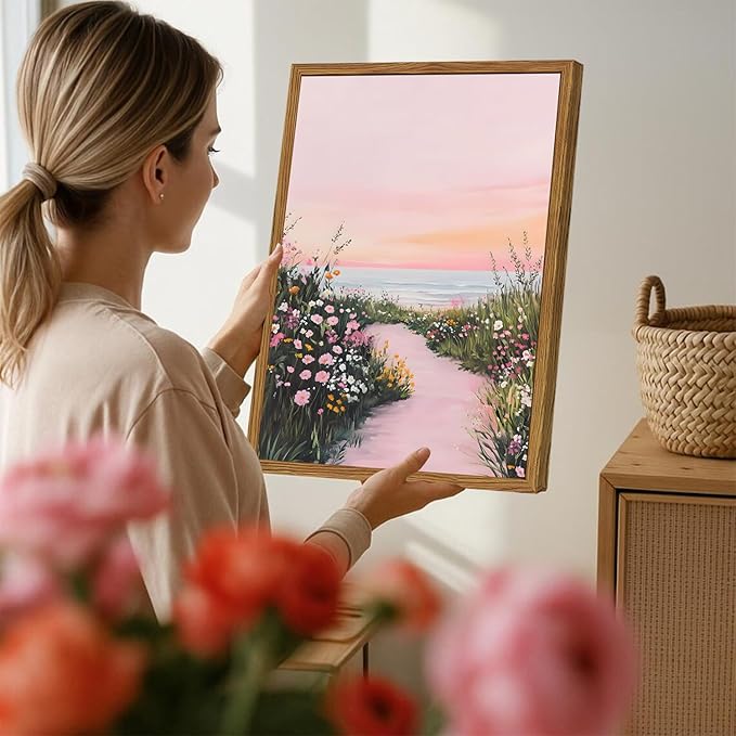 Framed Vintage Landscape Wall Art, Pink Floral Coastal Pictures Wall Decor, Rustic Wildflower Nature Paintings Canvas Prints Home Decor Aesthetic for Living Room Bedroom Bathroom 16x24 inch