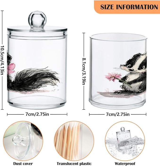 2 Pack Apothecary Jars,Cute Skunk Holding Flower Bathroom Vanity Storage Organizer Set,Small Clear Plastic Storage Jars Bathroom Canister for Cotton Swabs,Rounds,Balls,Qtips,Makeup Sponges