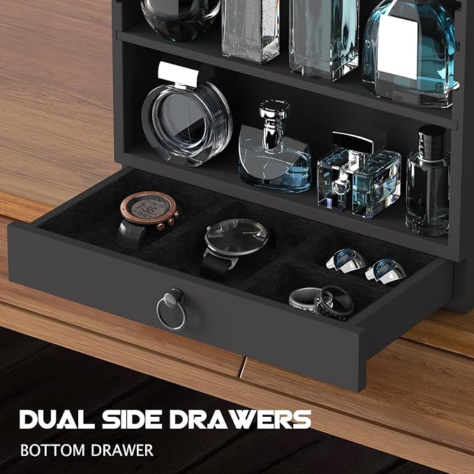 Wooden Cologne Organizer for Men Sliding 4 Tiers of Standing Perfume Display Stand with Side & Under Double Drawers Large Storage Perfume Organizer Display Shelf Holder,Gift for Man (Classic Black)