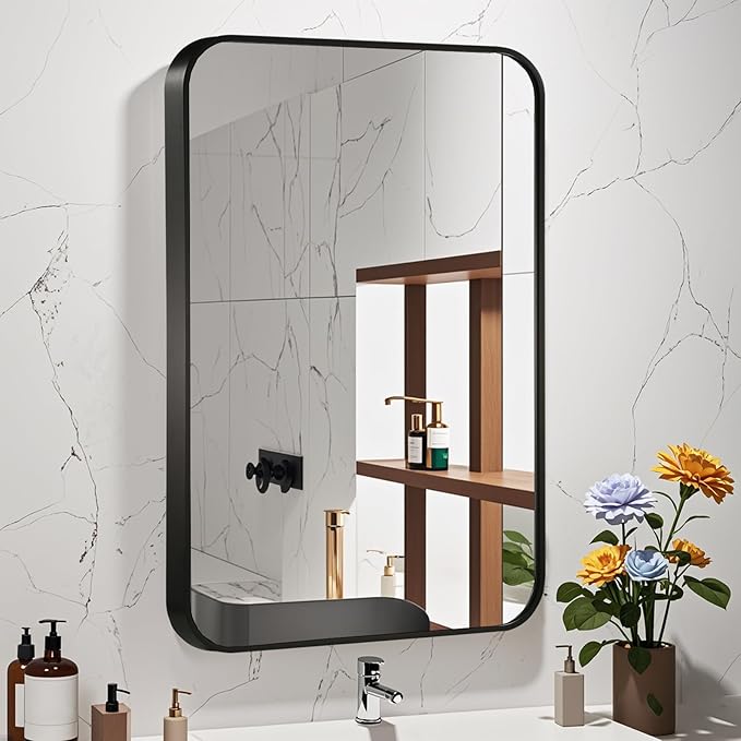 20x30 Inch Black Wall Mirror for Bathroom, Brushed Metal Framed Mirror with Rounded Corner, Rectangle Bathroom Vanity Mirror for Bedroom or Living Room, Horizontal/Vertical