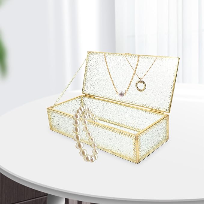 Rectangular Diamond Pattern Glass Jewelry Box with Frame Transparent Necklace Storage Holder Decorative Makeup Organizer for Anniversary Wedding and Valentine's Day