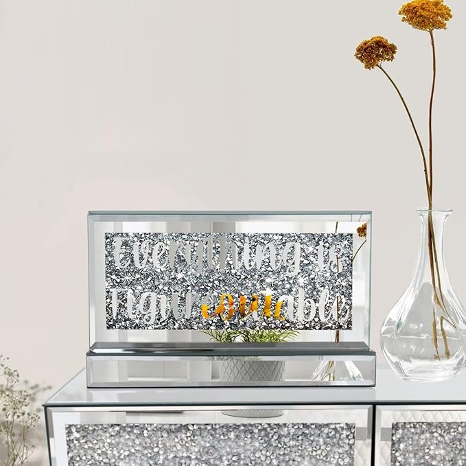 Silver Mirror Crystal Diamond Home Office Desk Art Decor, Daily Inspirational Office Supplies Sign and Reminder-Everything is Figureoutable & P.S. You Got This-9.1×5.1×3Inches