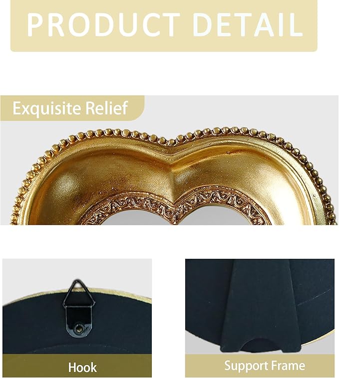 Golden Mini Vintage Mirror with Exquisite Relief Elegant Wall Decor for Bedroom Dresser Table Compact Resin Retro Design (Heart, 4.3X4.3)