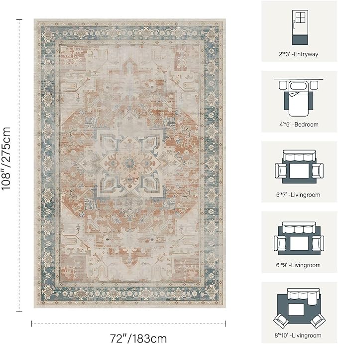 Rugxara 6X9 Orange Boho Rug,Large Washable Area Rugs for Living Room, Neutral Vintage for office, Dining Room, Kids Room, Farmhouse, Low Pile Non Slip Carpet for High Traffic Areas, Coral(orange&blue)