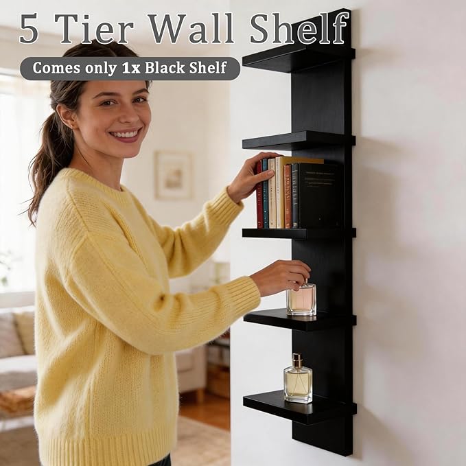 5 Tier Wall Shelf Unit, Black Versatile Lack Wall Shelf, Display Floating Shelves for Bedroom Bathroom Home Decor Organizer