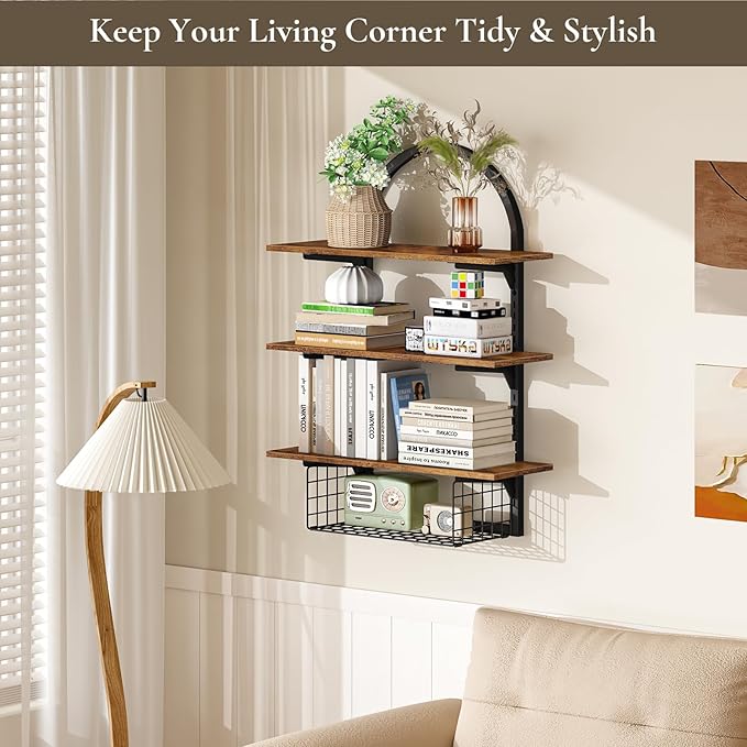 3 Tier Floating Shelf with Storage Baskets, Wall Mounted Bathroom Shelves Over Toilet, Wood Wall Shelves for Kitchen, Bedroom, Living Room, Home Organization and Decor, Rustic Brown