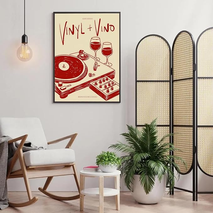 Vintage Wall Art Vinyl & Vino Canvas Poster Trendy Music Poster Retro Music Records Canvas Wall Art Modern Mid Century Vinyl Lover Aesthetic Prints Painting for Home Wall Decor, 16x24inch Unframed