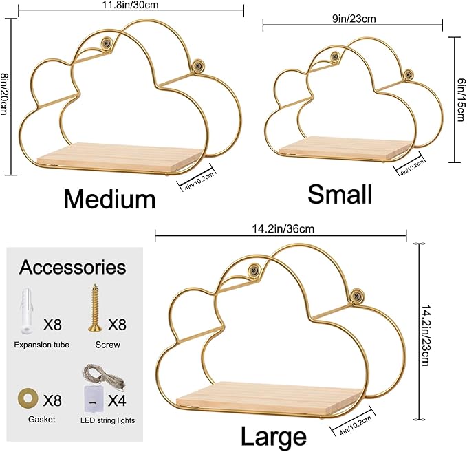 Golden Cloud Shape Floating Shelves with LED Lights Wall Decor,Gold Metal Wire and Wood Base Wall Mounted Shelf Decorations for Home Bedroom Living Room - Set of 3