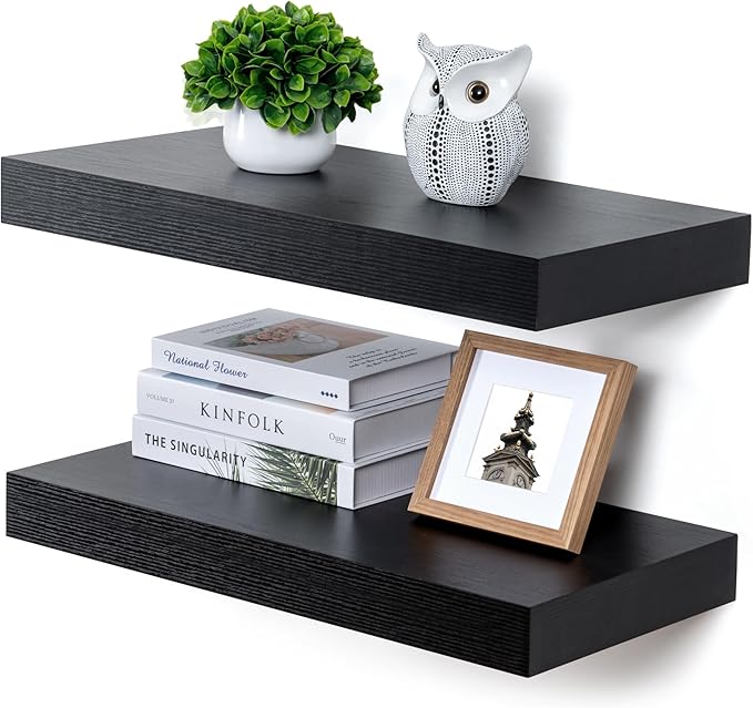 FLYJOE Deep Floating Shelves | 24 Inch Black Floating Shelves Set of 2 | 12 Inch Deep Rustic Wood Shelves for Wall | 24" W x 12" D Black Shelves for Living Room Bathroom Laundry Room Kitchen
