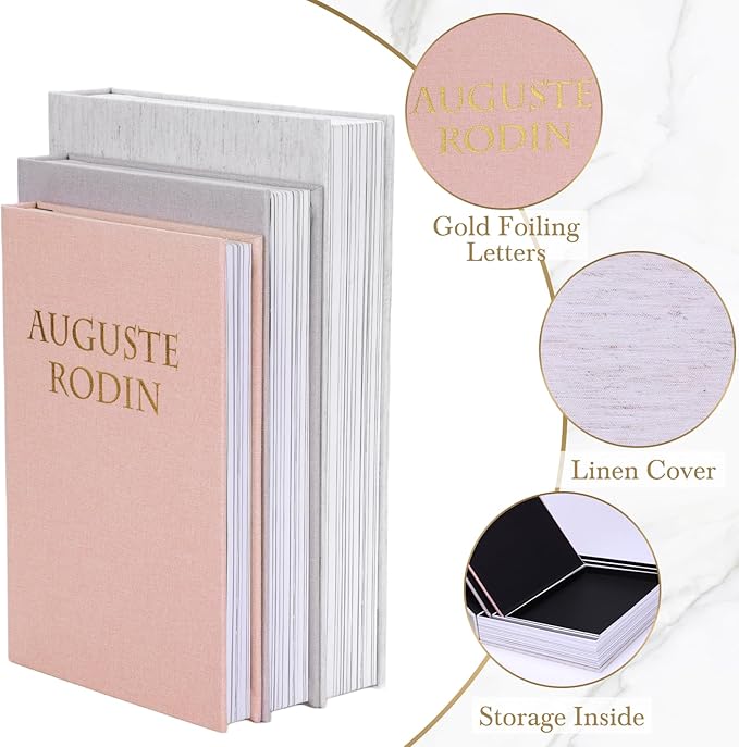 XKDOUS Set of 3 Linen Decorative Books with Gold Foil Cover Faux Book Storage Box for Coffee Table, Bathroom Shelf & Home Decor