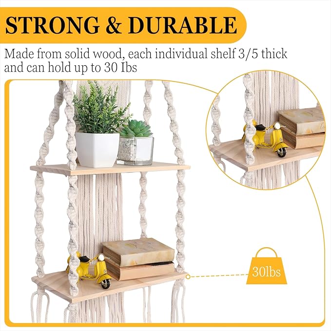 Barydat 2 Pack Macrame Wall Hanging Shelf 2 Tier Handmade Boho Hanging Wall Shelf Floating Woven Rope Decorative Storage Racks Holder Organizer for Home Bedroom Bathroom Plants, Beige (Classic)