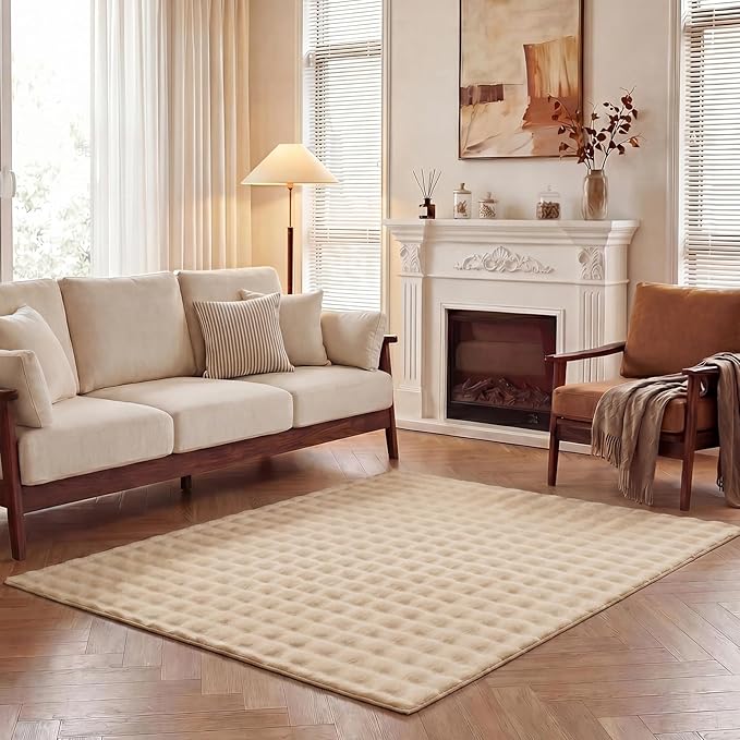Pauwer Area Rugs for Living Room, 5x7 Fluffy Faux Fur Rug Non Slip Machine Washable Soft Shaggy Indoor Floor Carpet for Bedroom Dorms Playroom, Beige