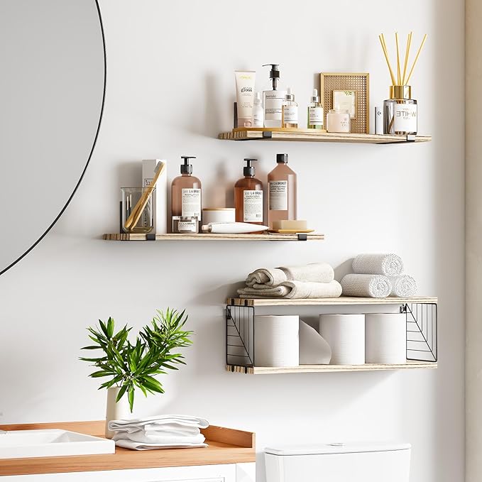 Fixwal Bathroom Floating Shelves Over Toilet, 15.8in Farmhouse Rustic Wood Shelves, Wall Decor for Bathroom, Living Room,Bedroom and Kitchen (3 Plus 1 Tier Rustic Brown)