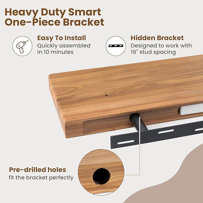 Floating Shelves for Wall, 24"Wx8"D Rustic Solid Elm Wood Floating Shelves Wall Mounted, Round Edge Wall Shelves with Invisible Bracket for Living Room Bathroom Bedroom Kitchen, Set of 2, Natural