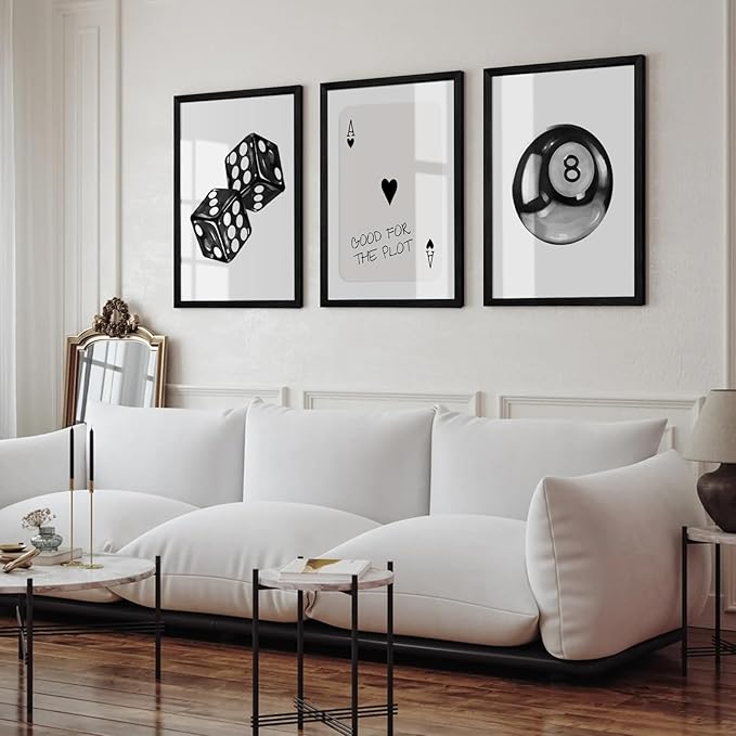 Black White Aesthetic Wall Art Decor 8 Ball Canvas Poster Y2k Cool Dice Pictures Black White Room Decor Trendy Poker Poster Prints Retro Painting Artwork for Apartment Dorm 16x24 Inch Wood Framed 3Pcs