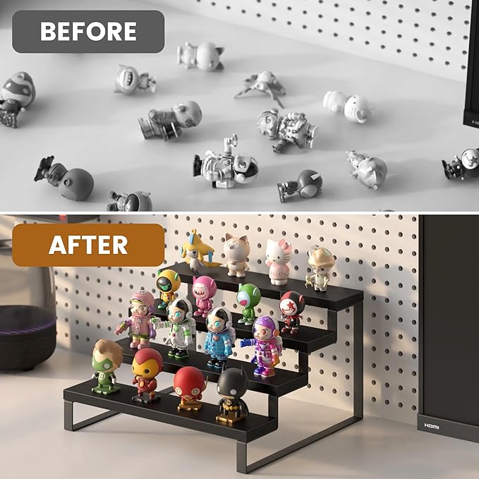 Wood Display Risers, 4 Tier 13.4IN Perfume Organizer Shelf with Metal Legs, Large Wooden Cupcake Stand Holder, Display Shelf Stand for Figures, Party, Makeup, Dessert Shelves for Party, Black