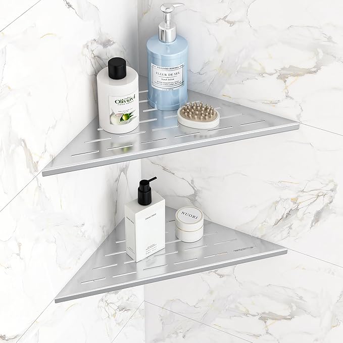 Qeke Corner Shower Shelves, 12” Recessed Tile Shower Shelf, 304 Stainless Steel Grout in Corner Tile Shower Shelves, No Drilling, Brushed Nickel, 2 Pack