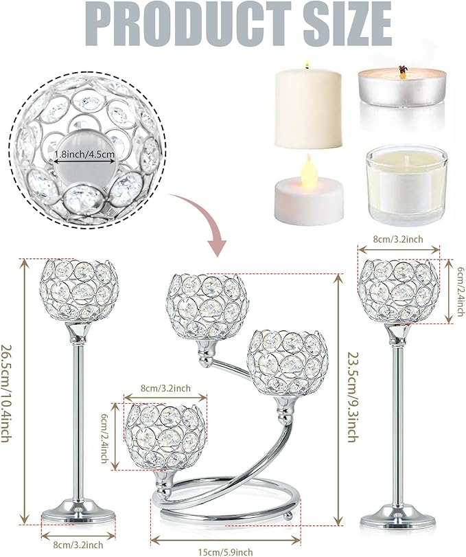 Silver Metal Crystal Candle Holder Set of 3 - Elegant 5-Arm Metal Tea Light Centerpiece with Shining Crystal Bowl, Wedding Anniversary Table Decor for Dining, Party