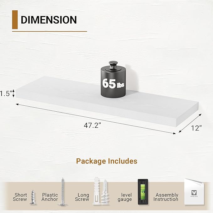 Vivelove White Floating Shelves 12 Inches Deep, 47.2x12 Floating Shelves for Wall with Invisible Brackets, Room Shelves for Living Room Bedroom Kitchen Office, Set of 2