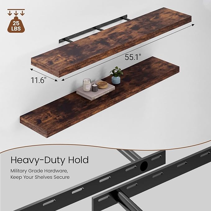 Heimlove 12 Inch Deep Floating Shelves, 55 x 12 inch Extra Long Floating Shelves for Wall, Large Display Shelf & Storage Shelf for Living Room Bedroom Kitchen Home Office, Set of 2, Rustic Brown